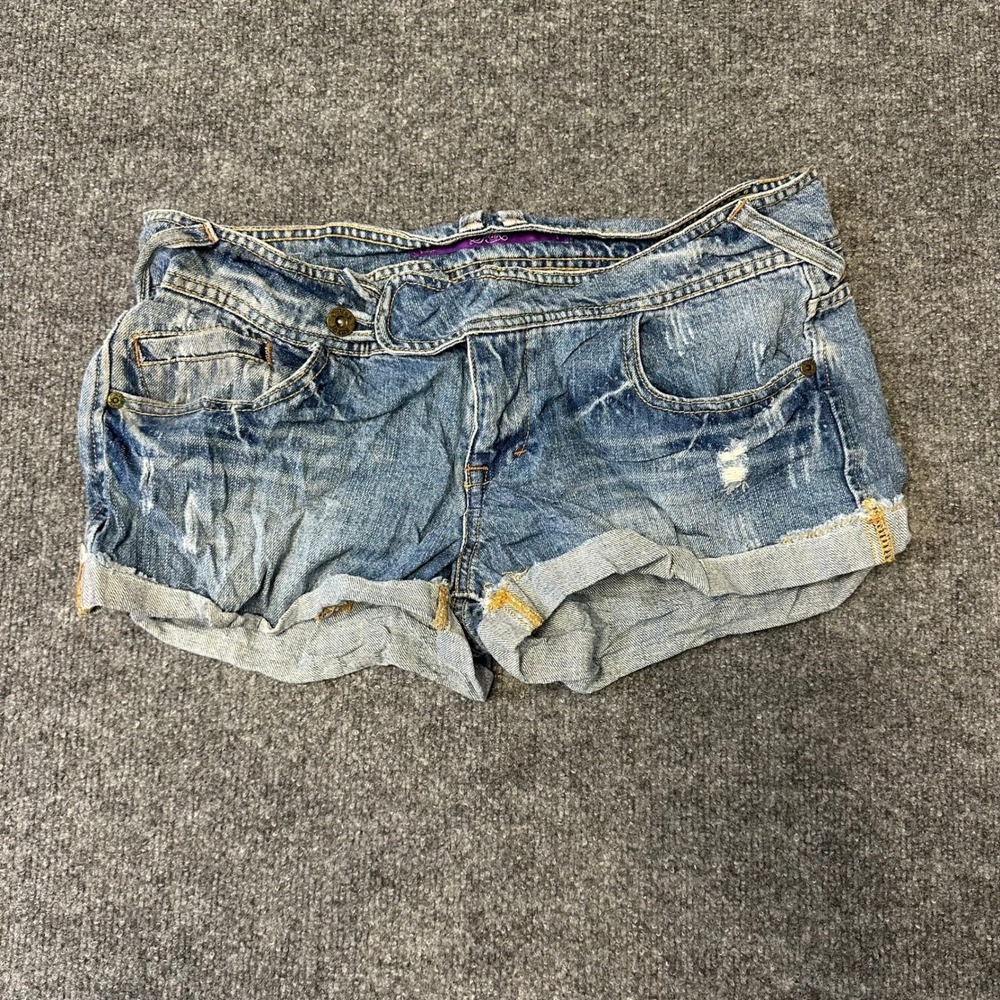C Pink Denim Shorts Womens Size 11 Blue Distressed Low Rise Cuffed Casual Cotton